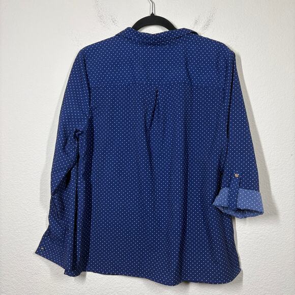 Notations Womens Size Large Polka Dot Button Up Shirt Navy Blue Roll Tab Sleeves - Picture 2 of 9